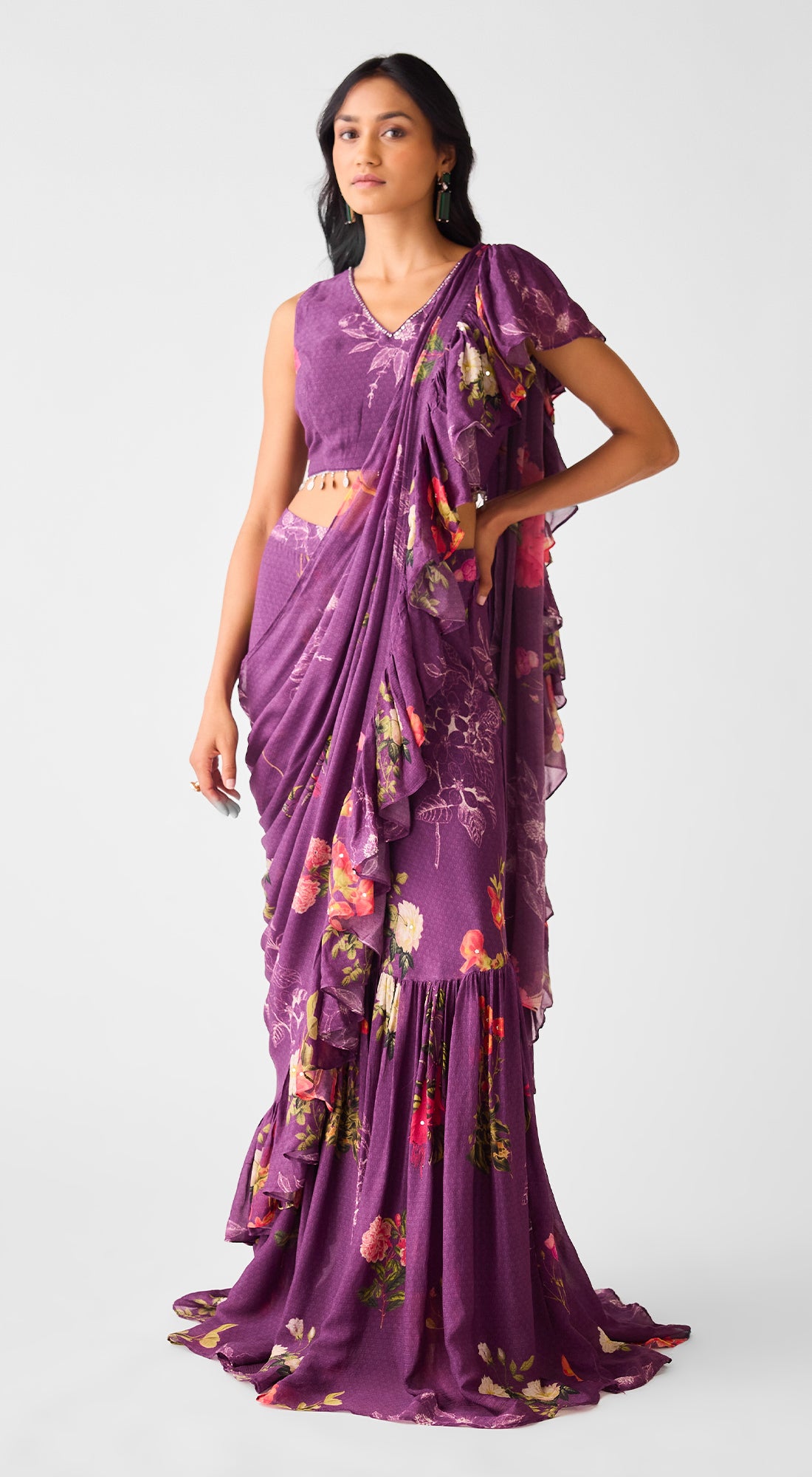 Purple Embroidered Chinon Floral Saree