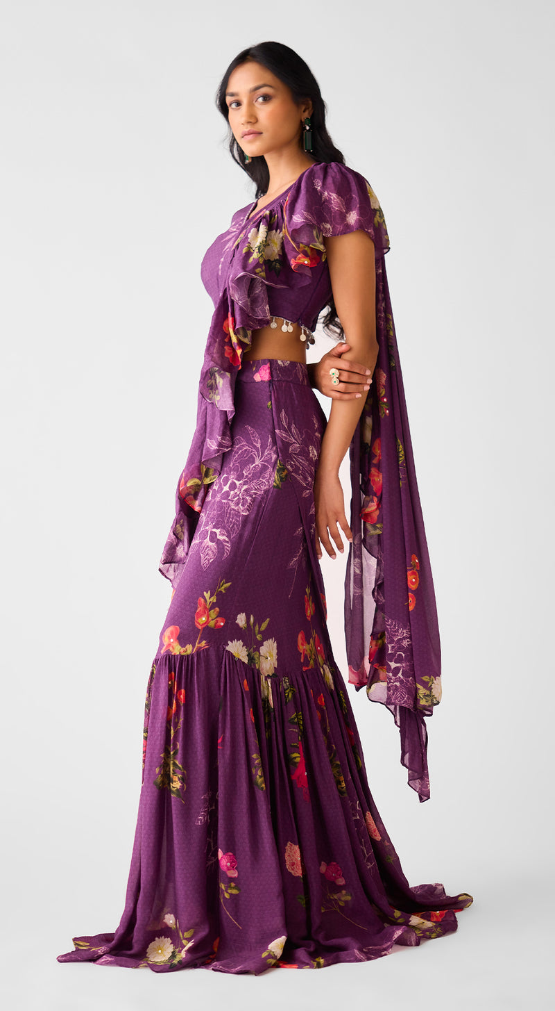 Purple Embroidered Chinon Floral Saree