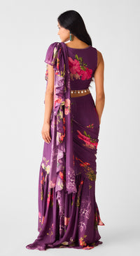 Purple Embroidered Chinon Floral Saree