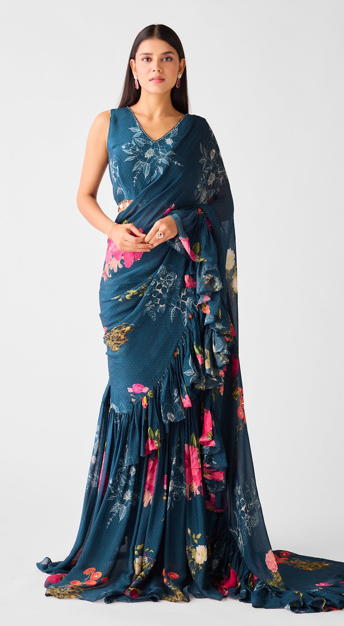 Teal Embroidered Chinon Floral Saree