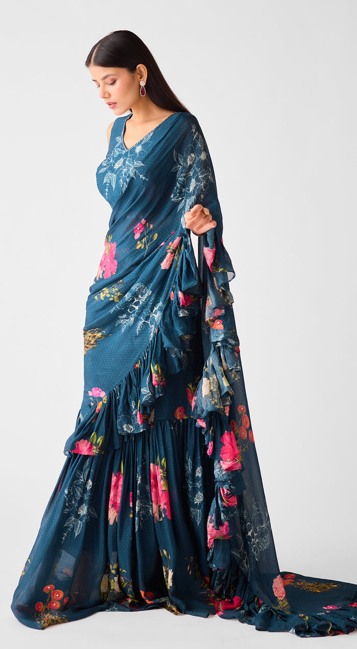 Teal Embroidered Chinon Floral Saree