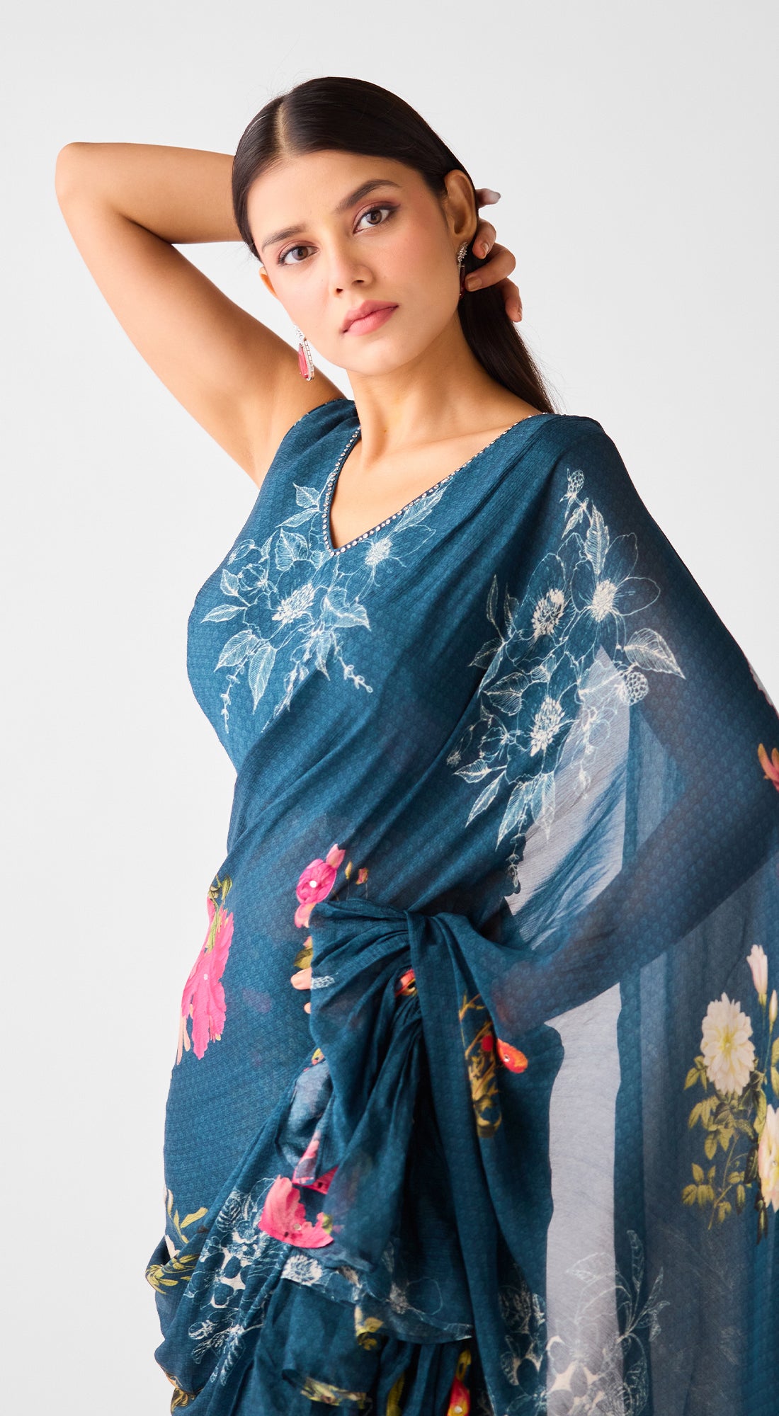 Teal Embroidered Chinon Floral Saree