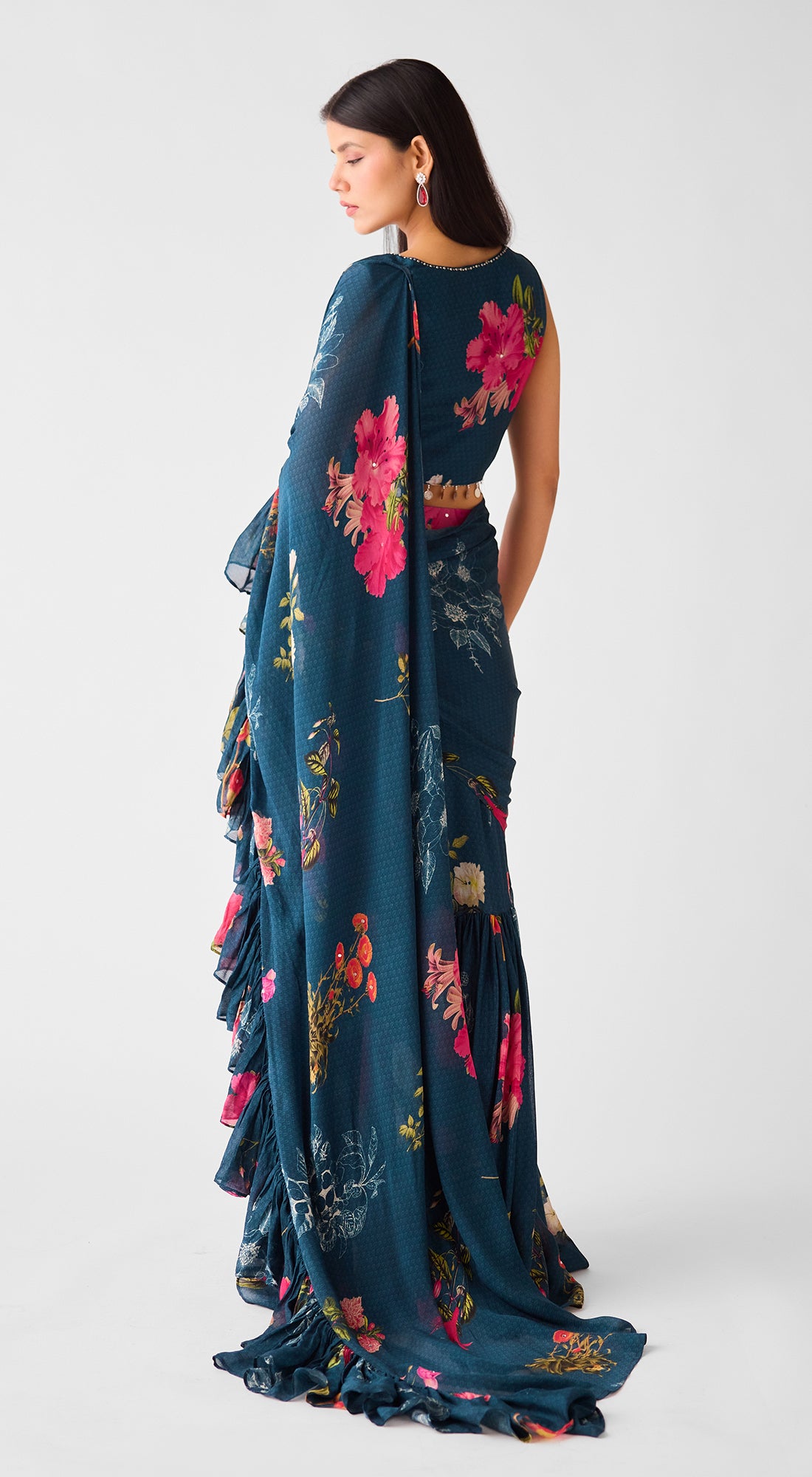 Teal Embroidered Chinon Floral Saree