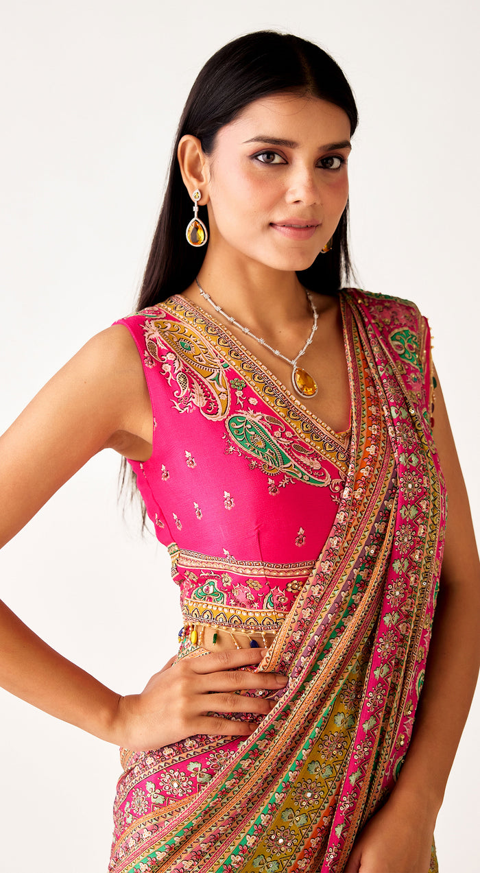 Pink Chinon Embroidered Saree