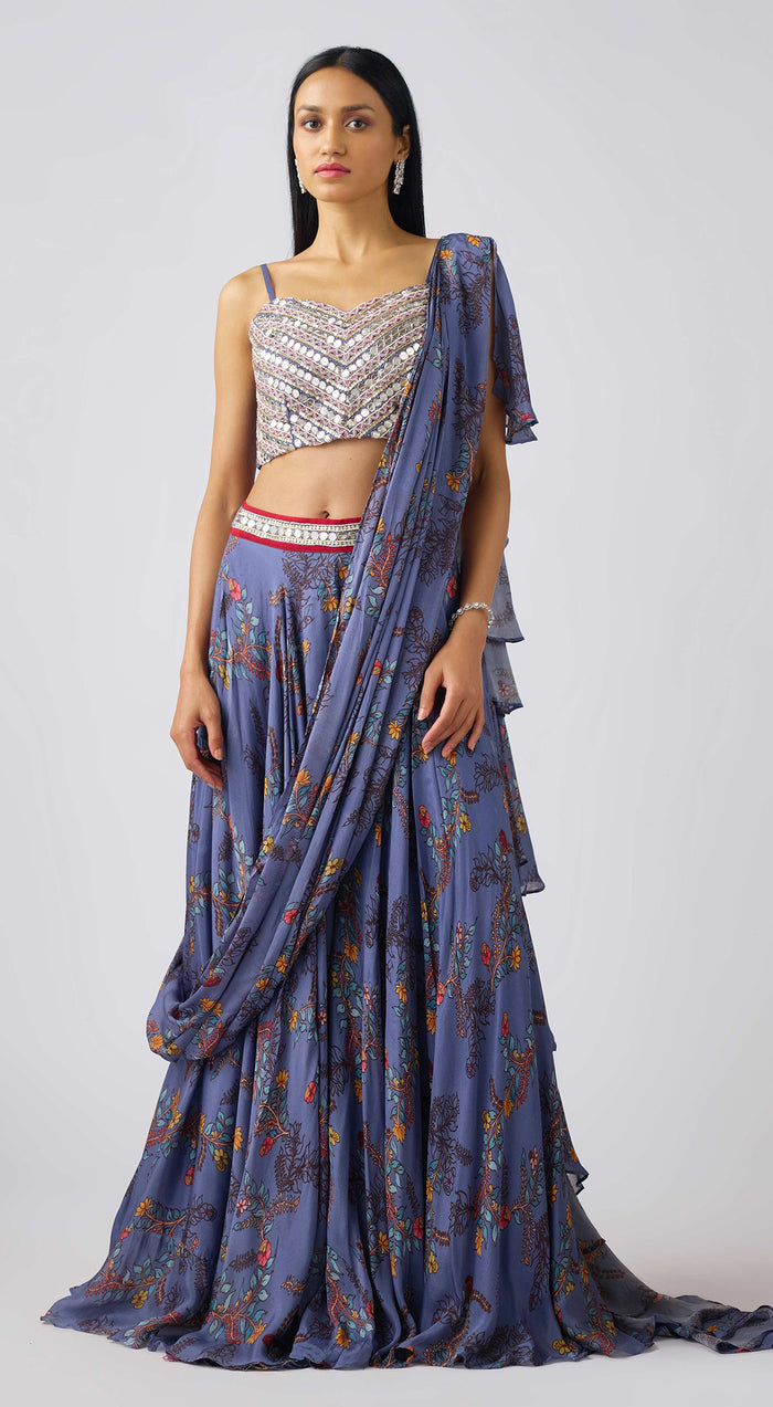 Denim Blue Chinon Embroidered Pre- Draped Saree