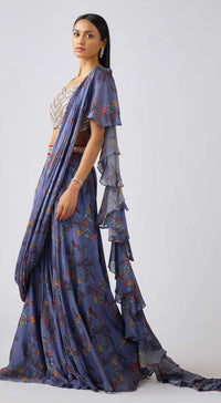 Denim Blue Chinon Embroidered Pre- Draped Saree