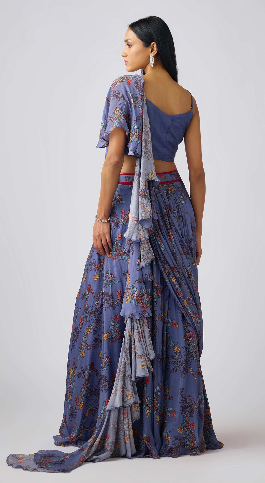 Denim Blue Chinon Embroidered Pre- Draped Saree