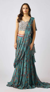 Sage Green Chinon Embroidered Pre- Draped Saree