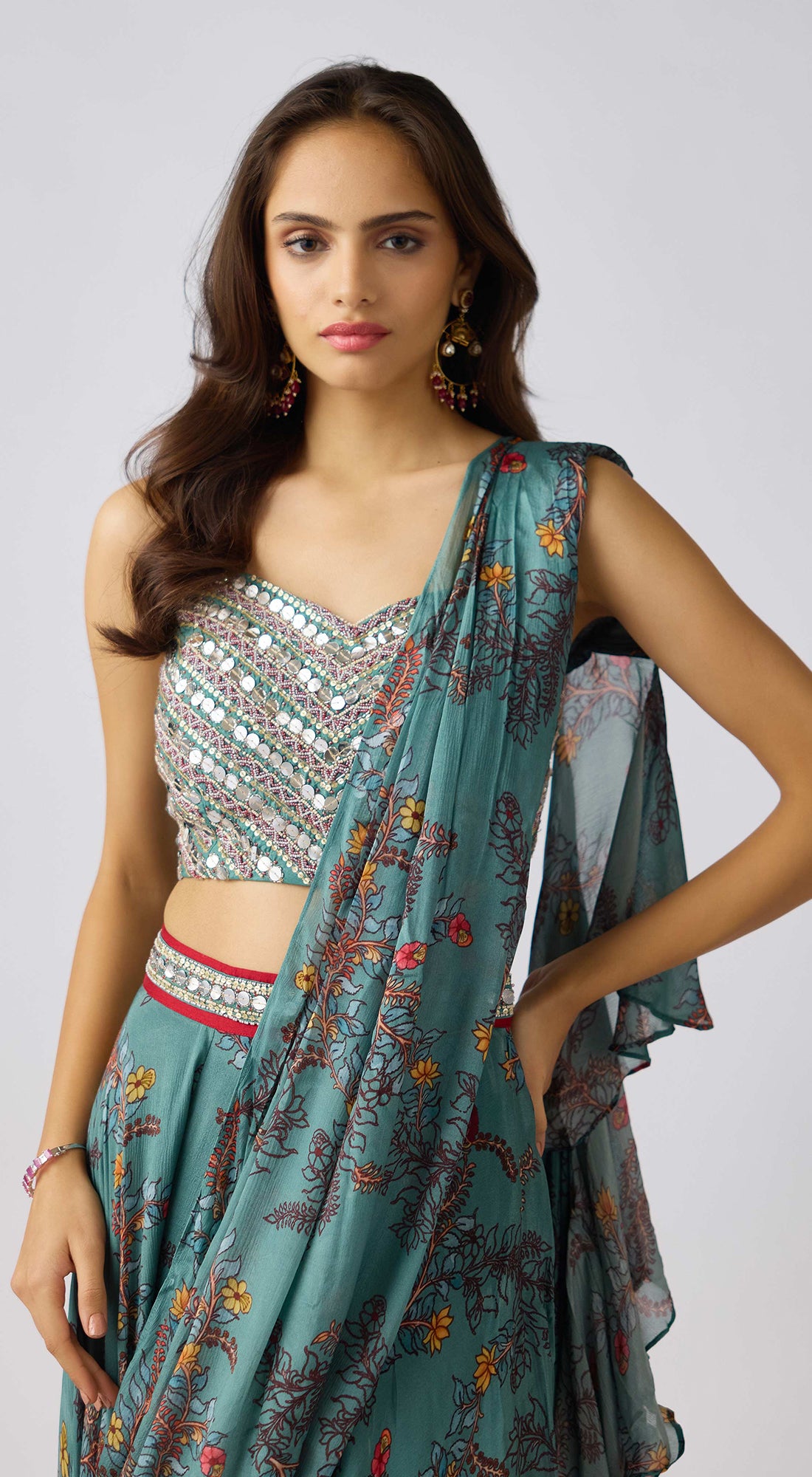 Sage Green Chinon Embroidered Pre- Draped Saree