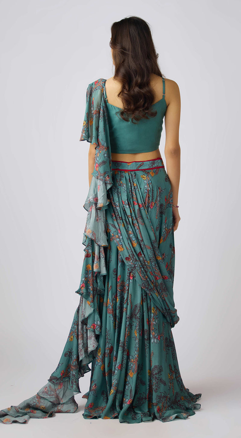 Sage Green Chinon Embroidered Pre- Draped Saree