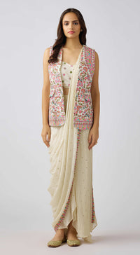 Ivory Chinon Embroidered Saree With Floral Jacket