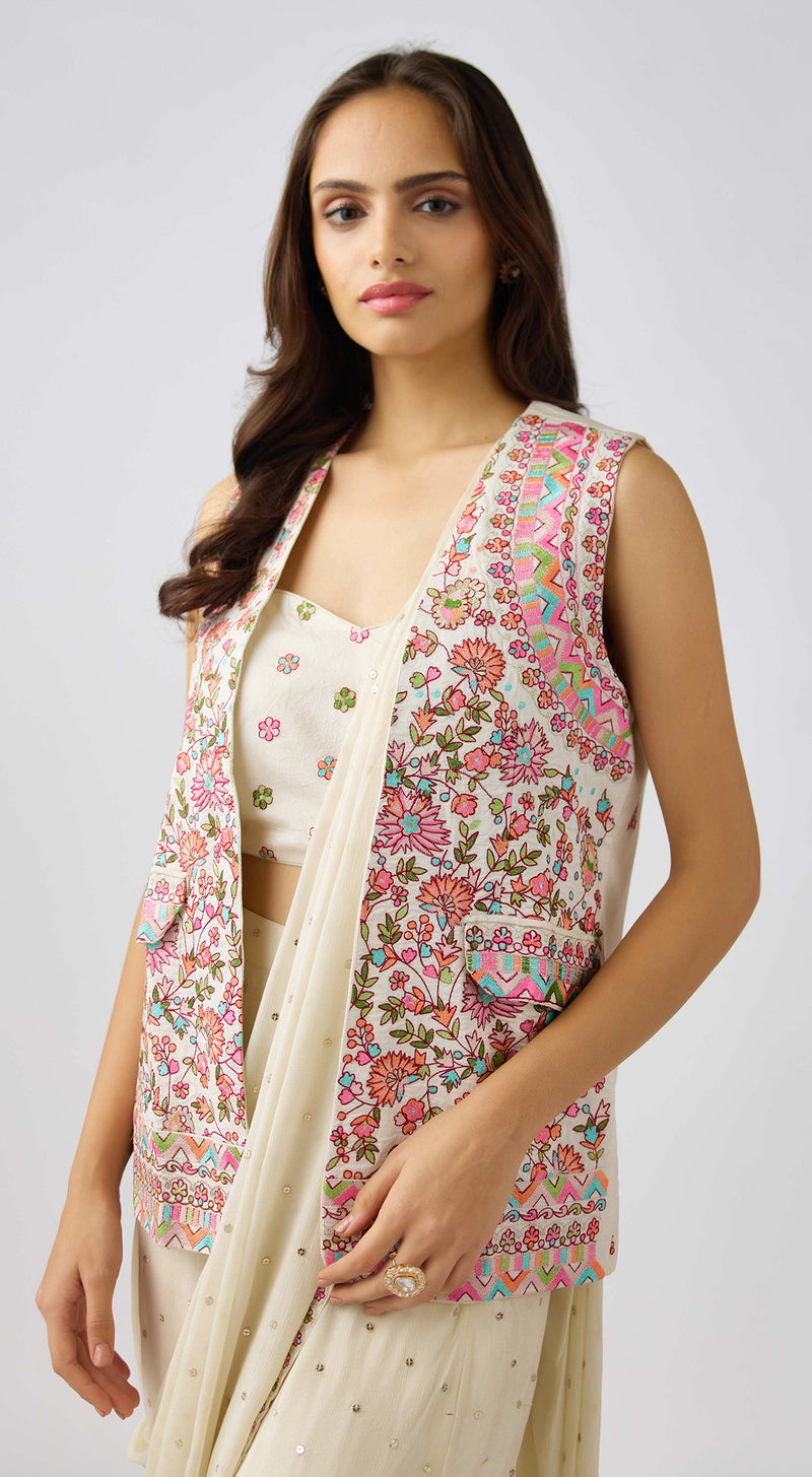 Ivory Chinon Embroidered Saree With Floral Jacket