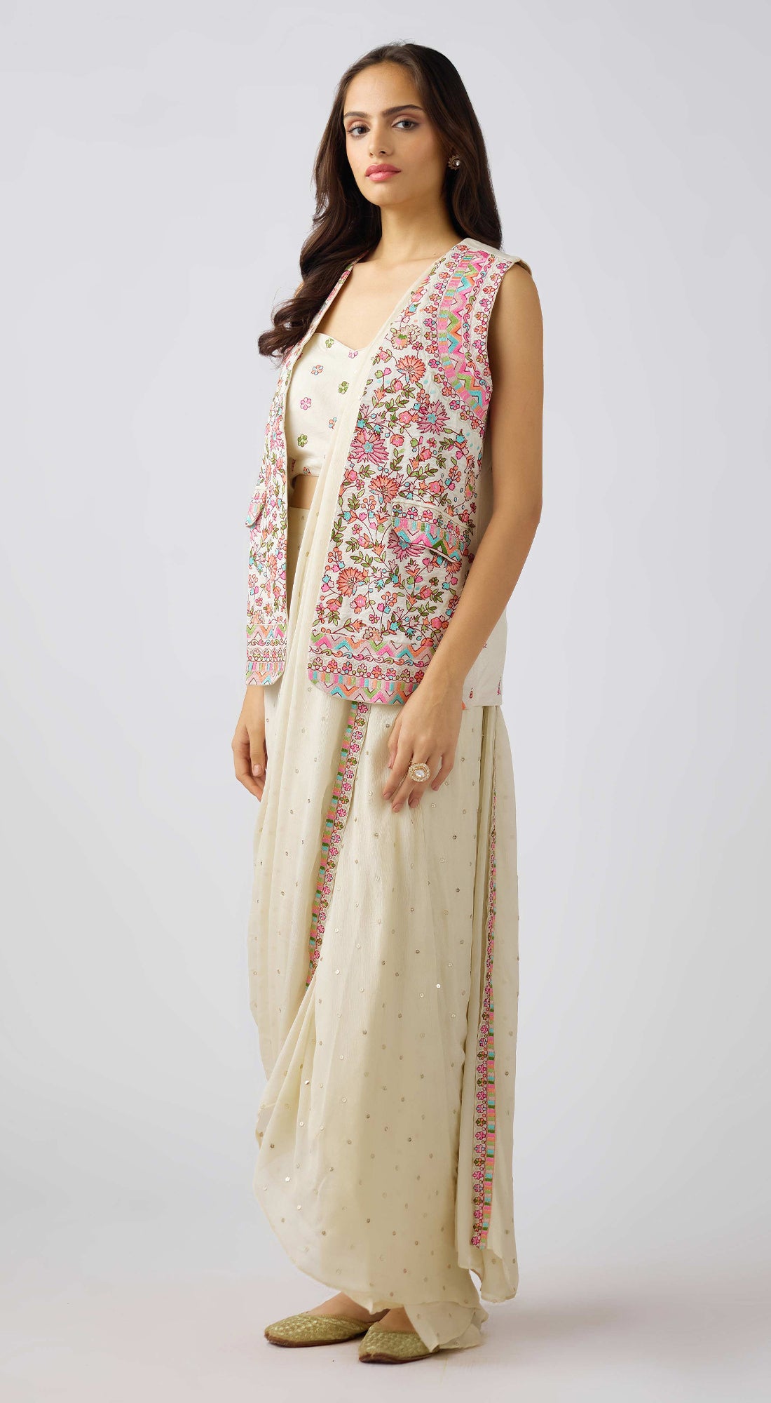 Ivory Chinon Embroidered Saree With Floral Jacket