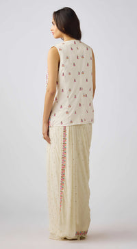 Ivory Chinon Embroidered Saree With Floral Jacket