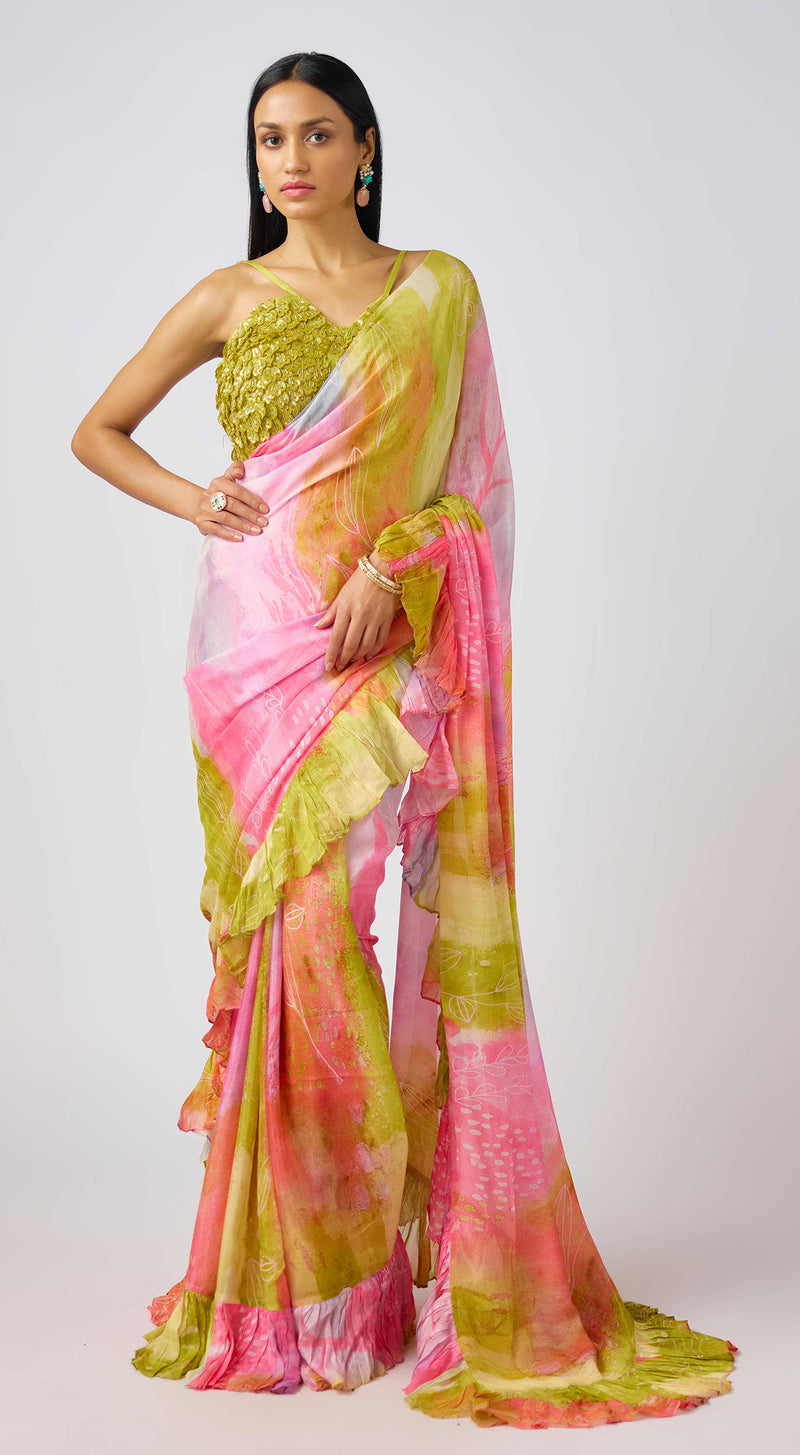 Pink Chinon Embroidered Saree