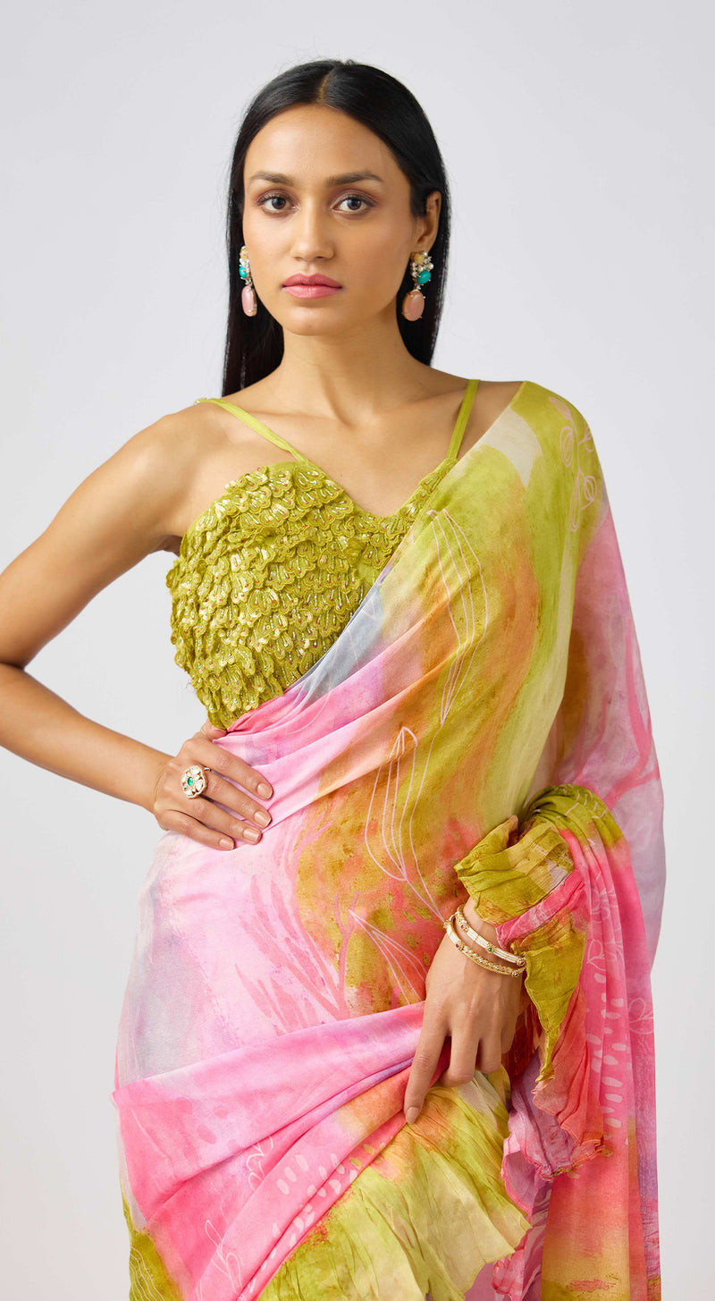 Pink Chinon Embroidered Saree