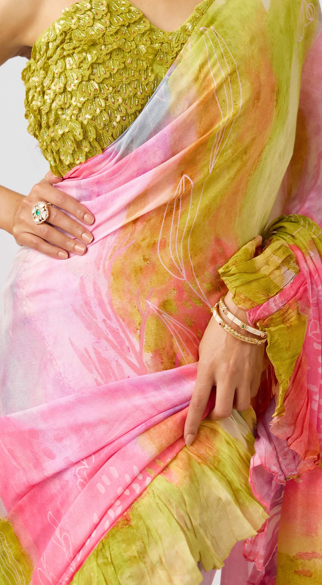 Pink Chinon Embroidered Saree