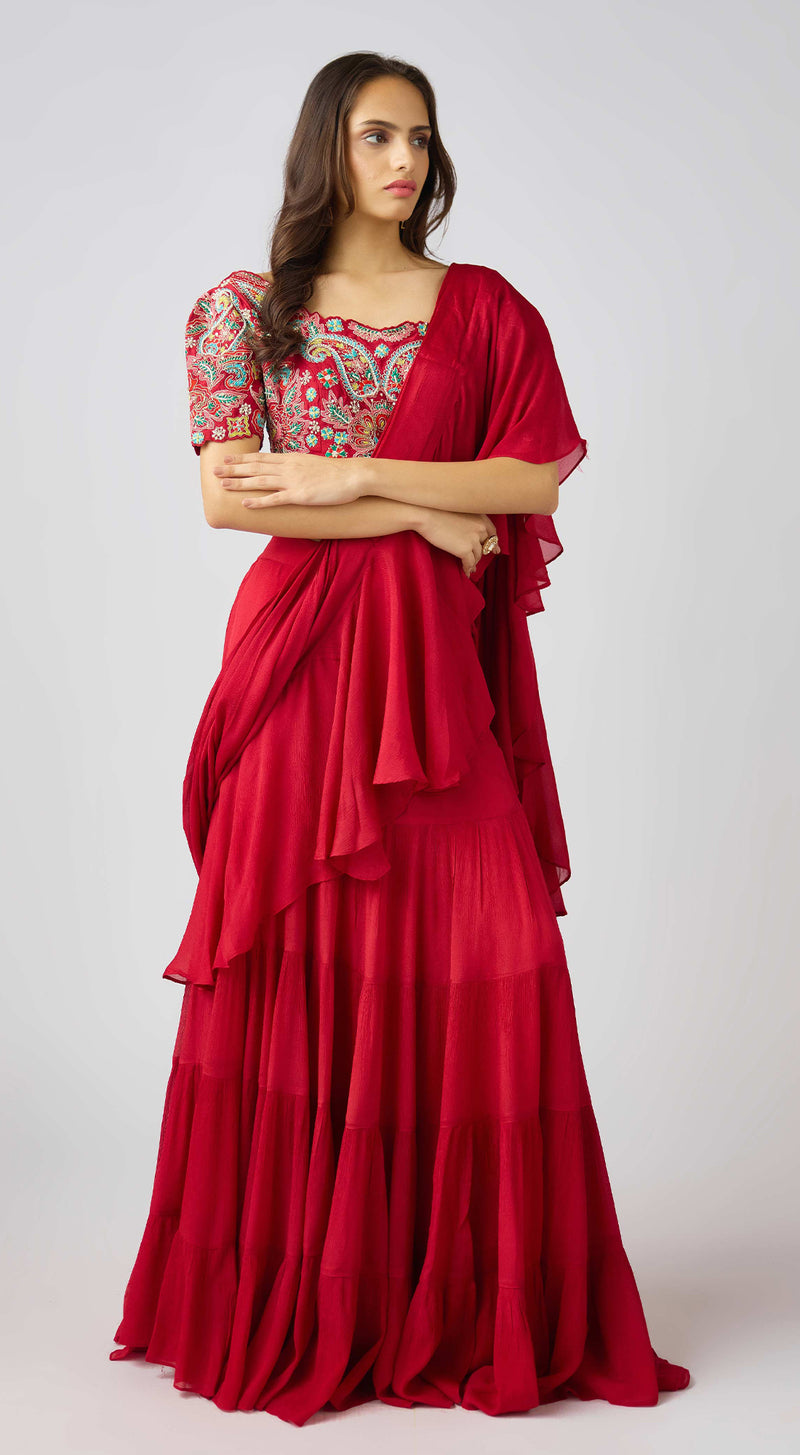 Red Chinon Embroidered Pre- Draped Saree