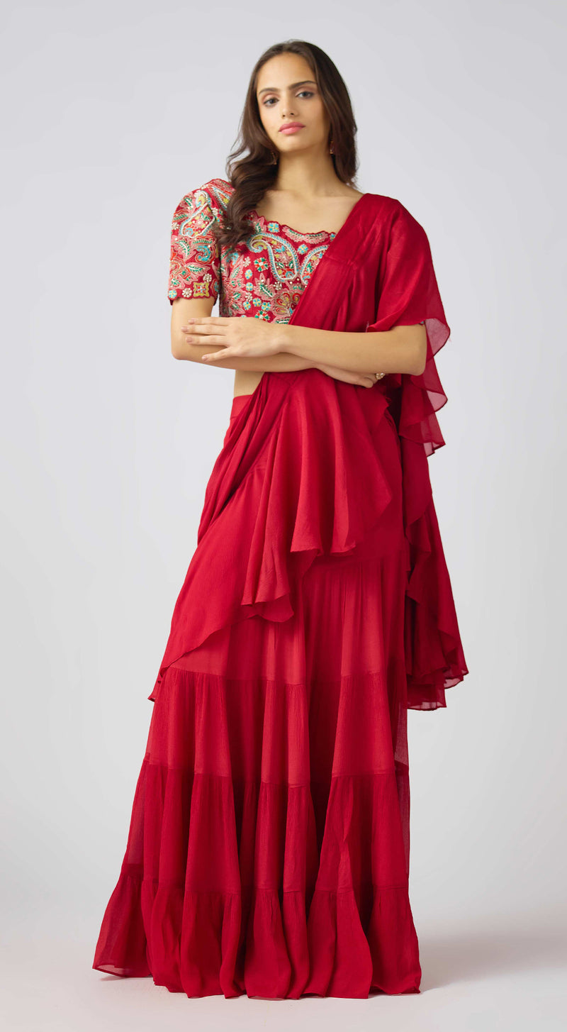 Red Chinon Embroidered Pre- Draped Saree