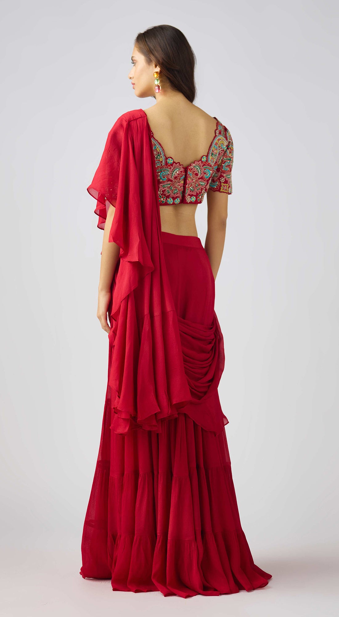 Red Chinon Embroidered Pre- Draped Saree