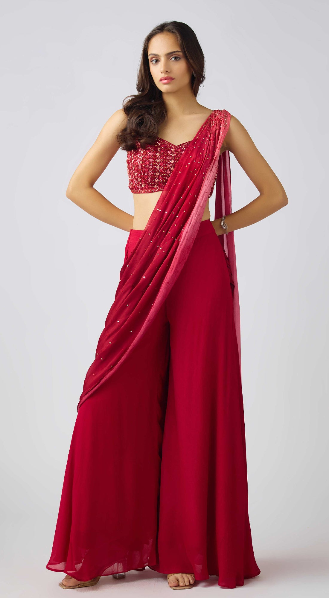 Red Chinon Embroidered Saree