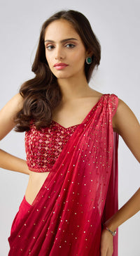 Red Chinon Embroidered Saree