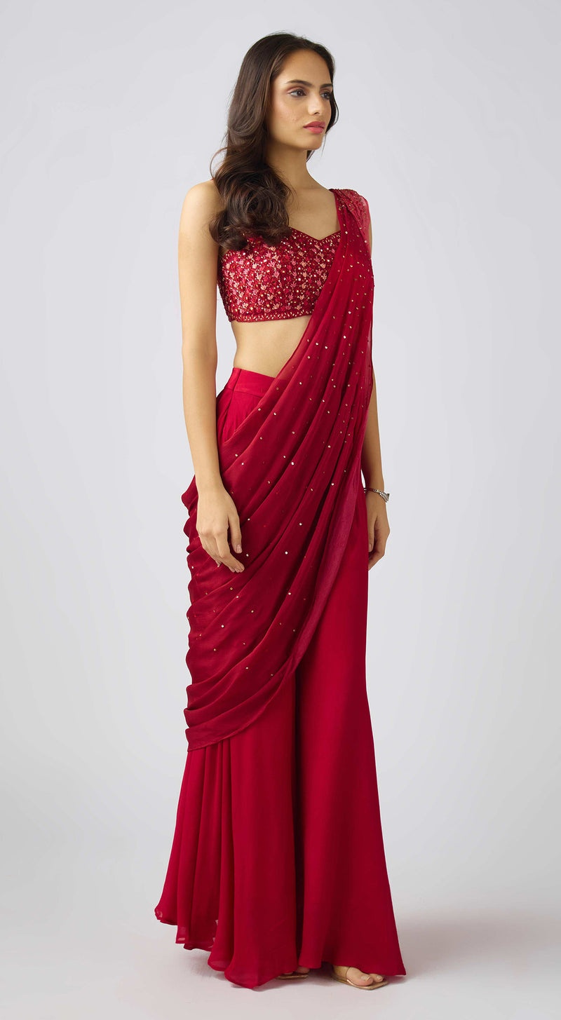 Red Chinon Embroidered Saree