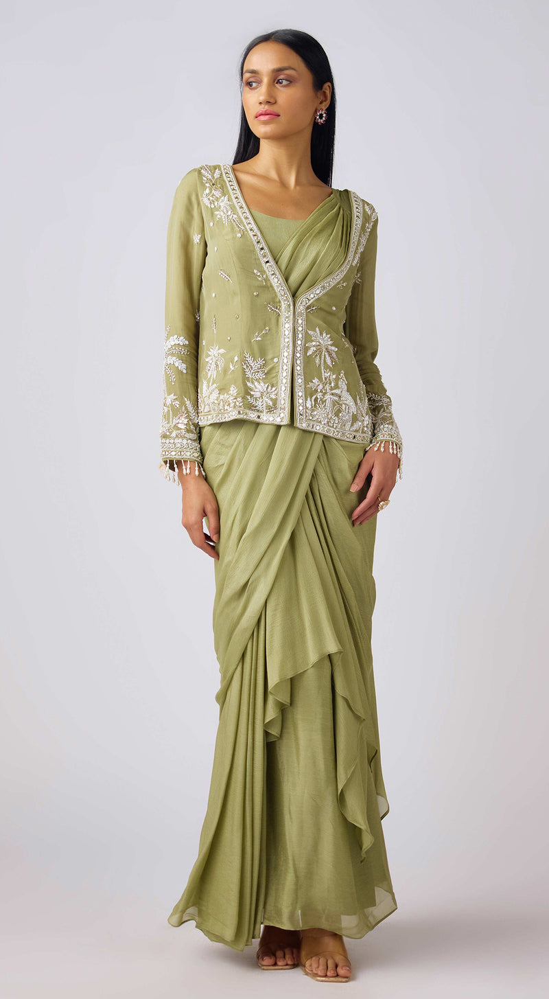 Green Chinon Embroidered Pre- Draped Saree Set