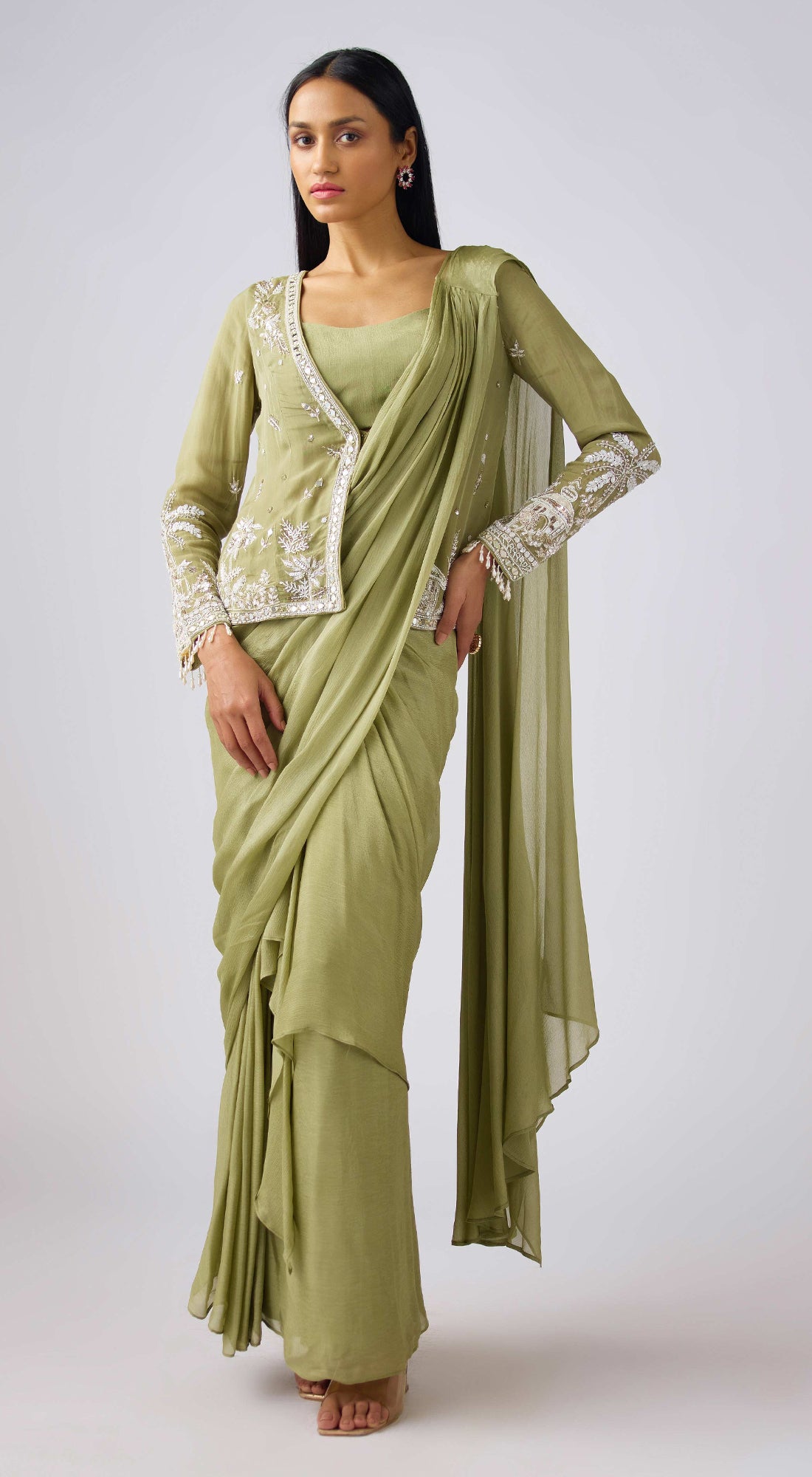 Green Chinon Embroidered Pre- Draped Saree Set