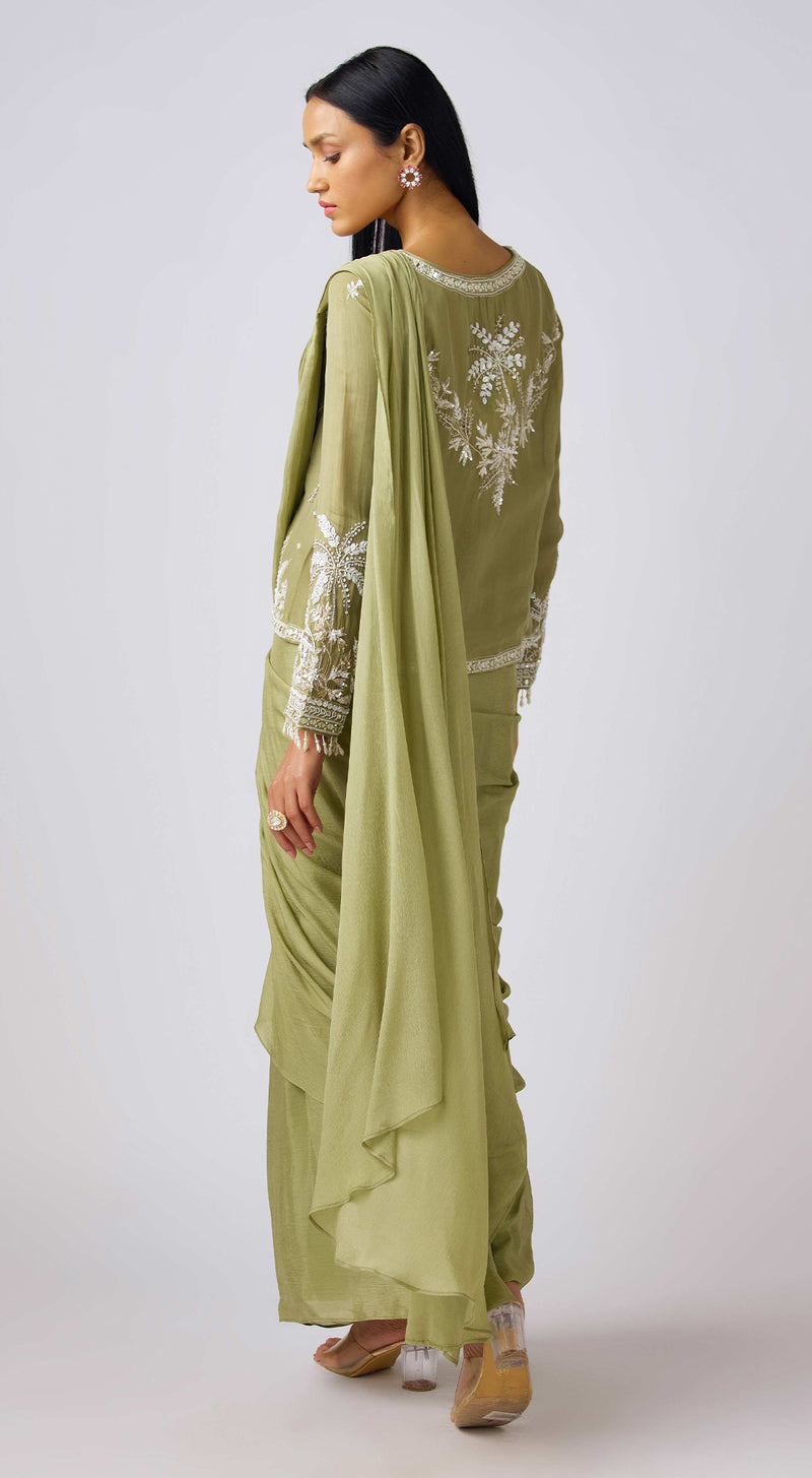 Green Chinon Embroidered Pre- Draped Saree Set