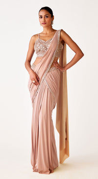 Beige Satin Lycra Embroidered Saree