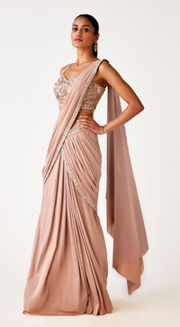 Beige Satin Lycra Embroidered Saree