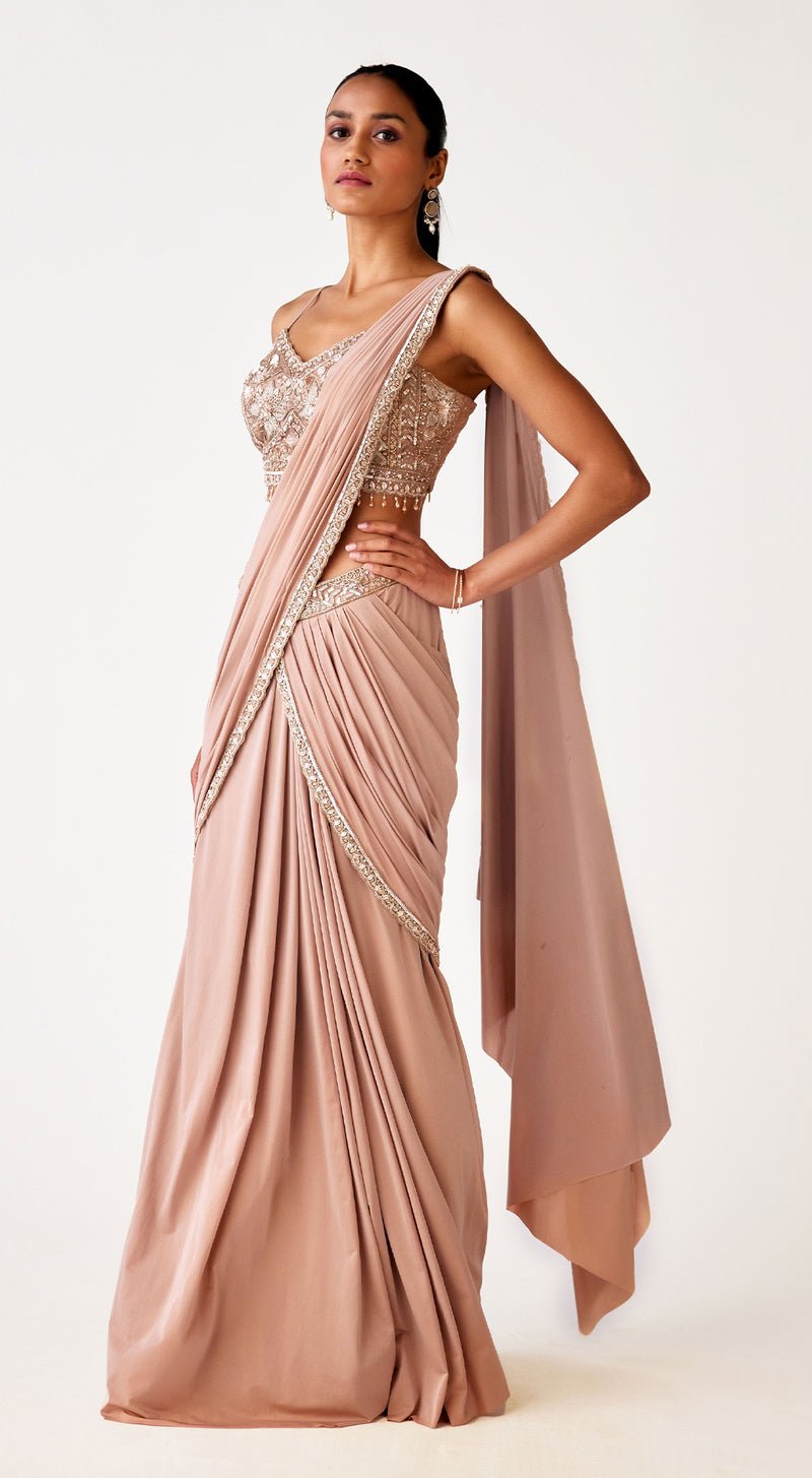 Beige Satin Lycra Embroidered Saree