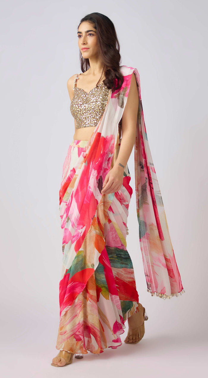 Multi Georgette Embroidered Floral Saree