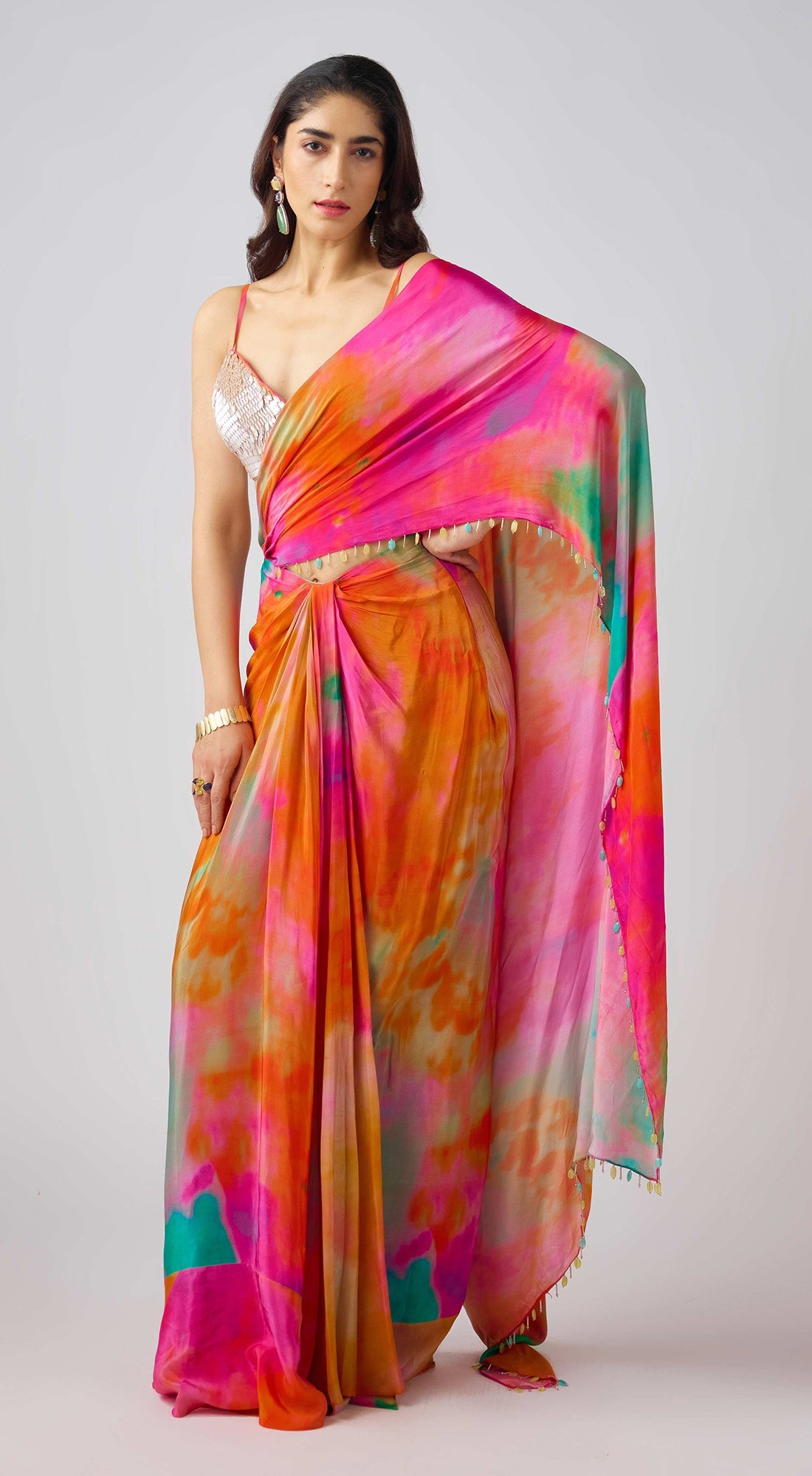 Multi Crepe Leaf Sequins Embroidered Saree Set