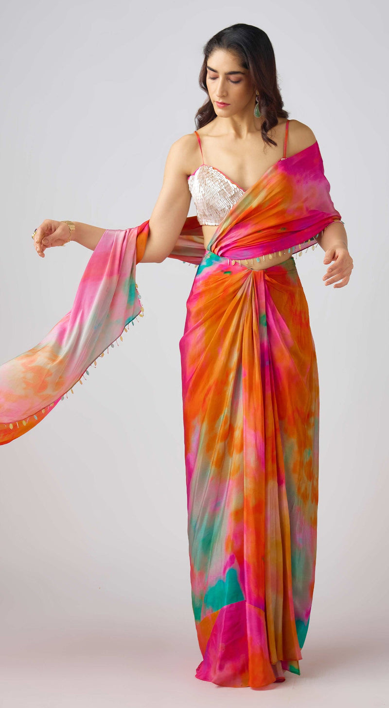 Multi Crepe Leaf Sequins Embroidered Saree Set