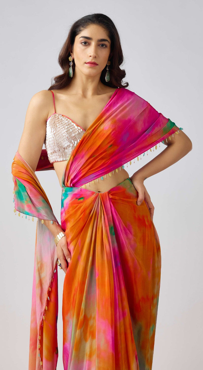 Multi Crepe Leaf Sequins Embroidered Saree Set