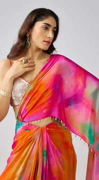 Multi Crepe Leaf Sequins Embroidered Saree Set