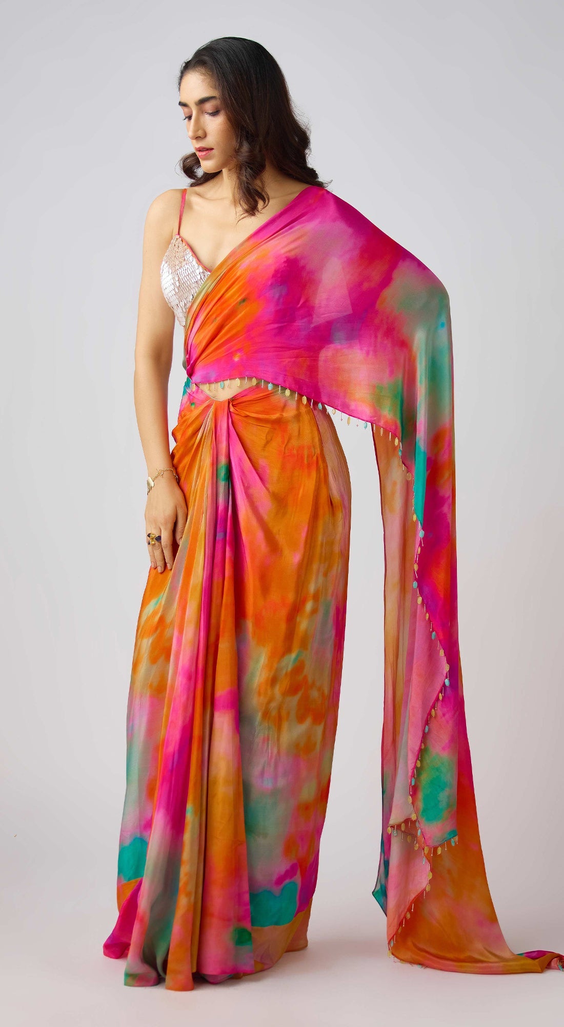 Multi Crepe Leaf Sequins Embroidered Saree Set