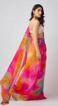 Multi Crepe Leaf Sequins Embroidered Saree Set