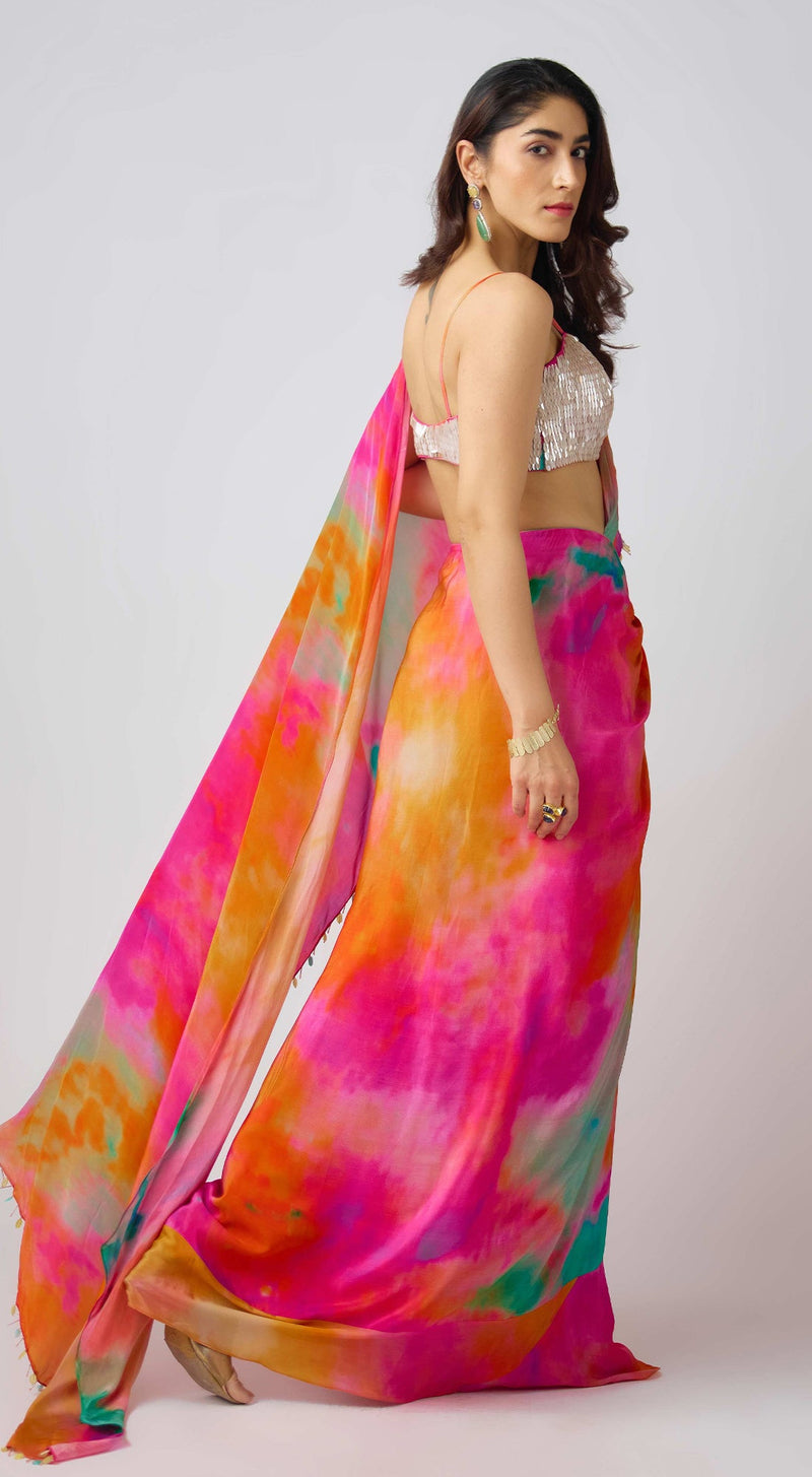 Multi Crepe Leaf Sequins Embroidered Saree Set