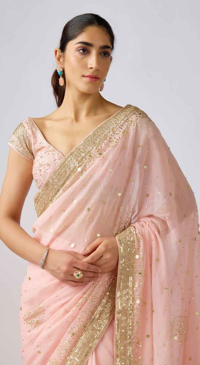 Pastel Pink Georgette Embroidered Saree