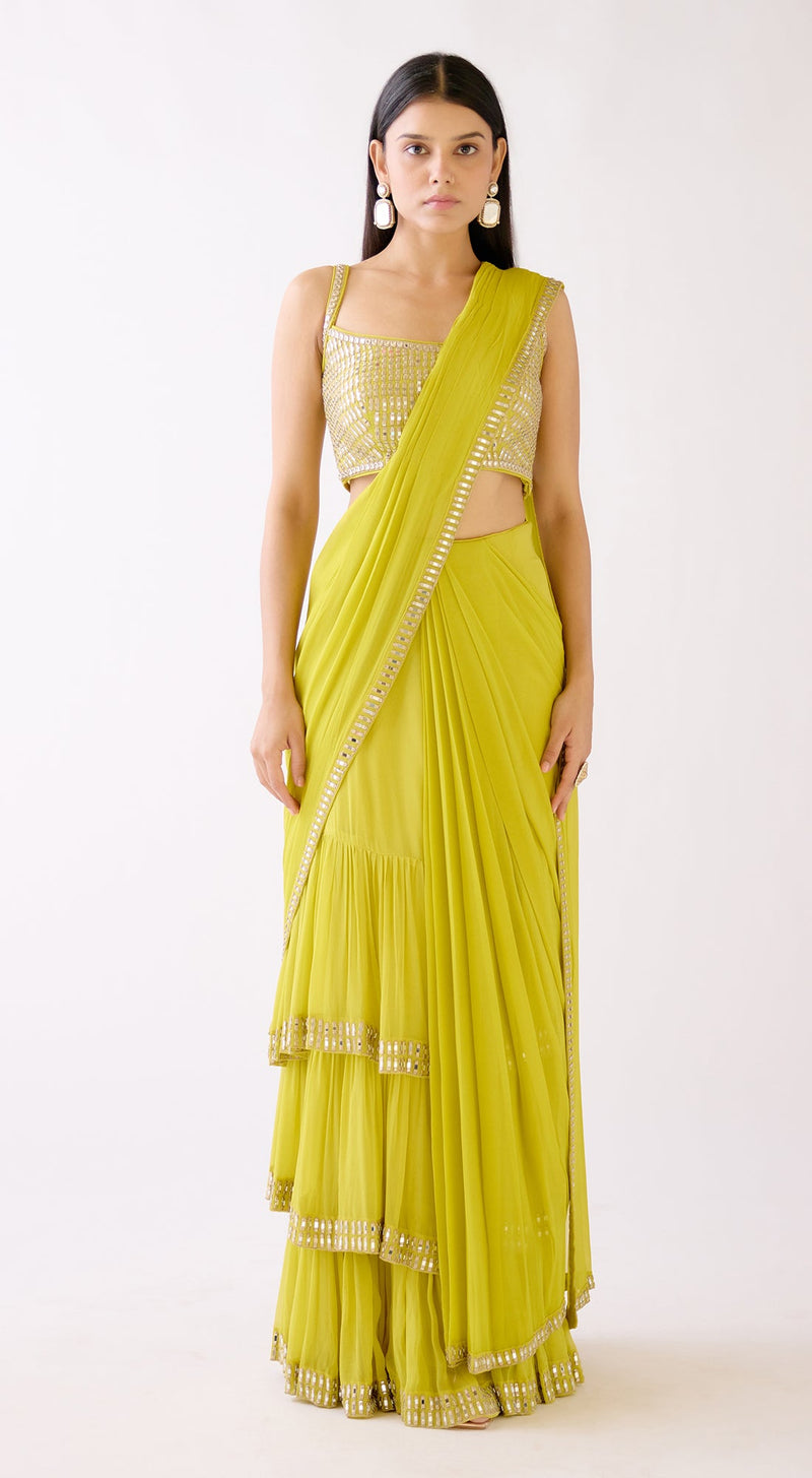 Lime Embroidered Draped Saree