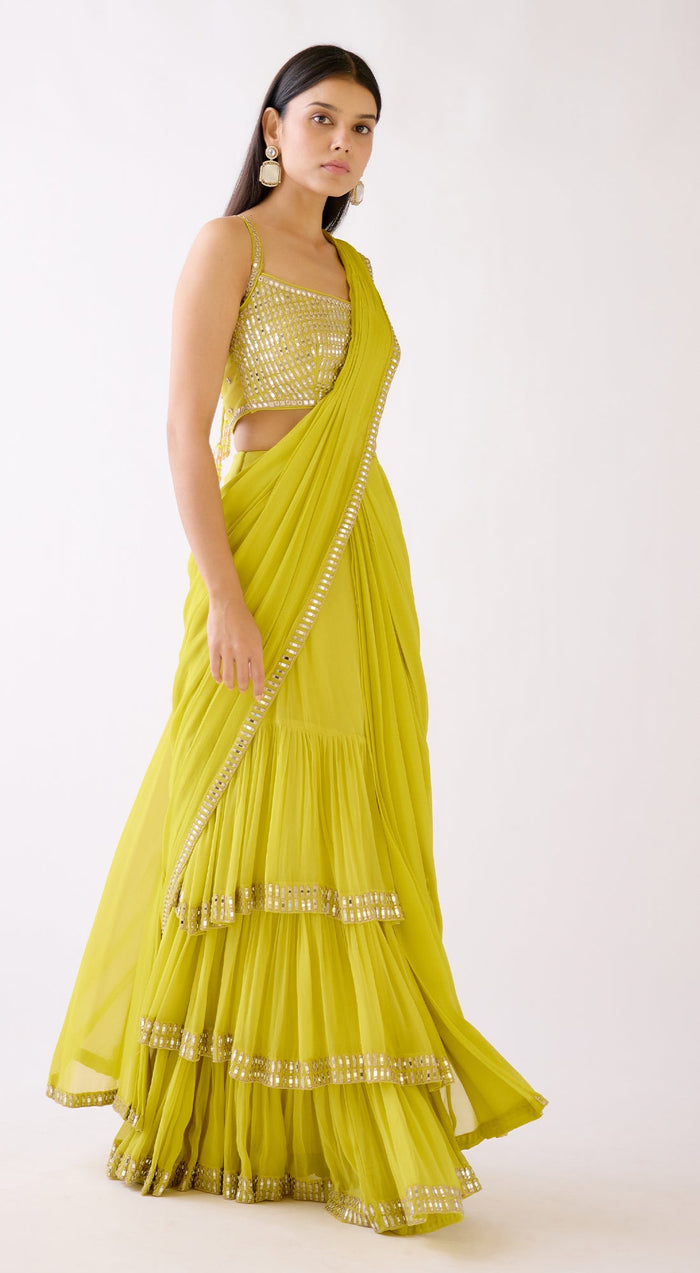 Lime Embroidered Draped Saree