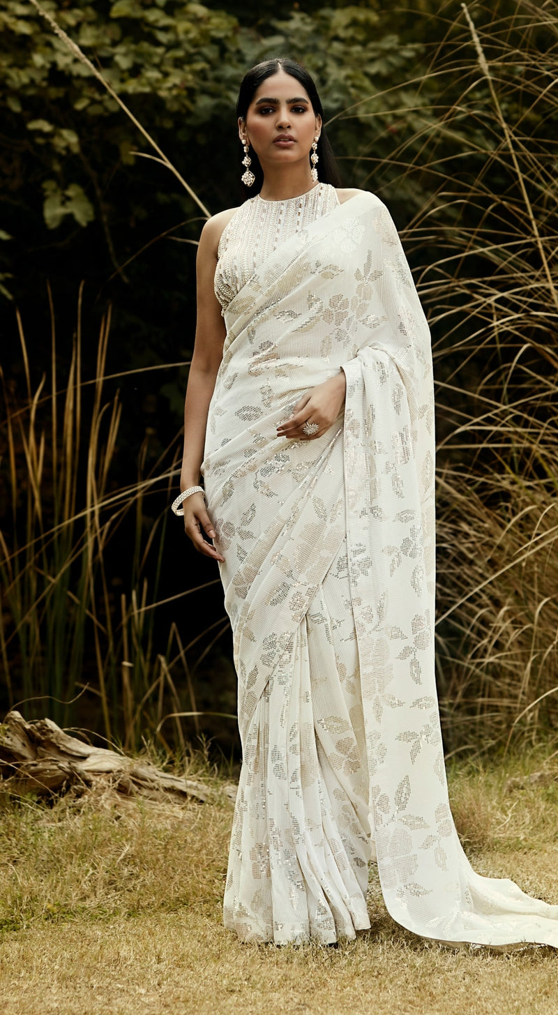 Ivory Sequins Pre Draped Saree