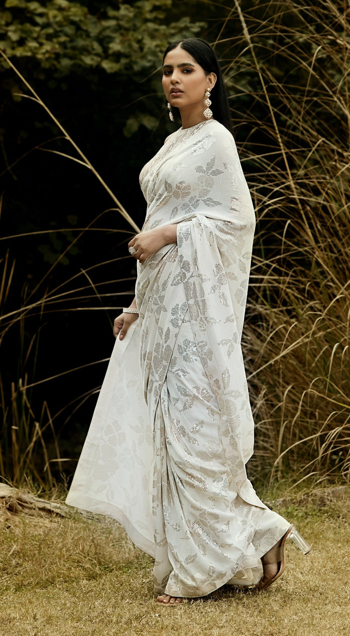 Ivory Sequins Pre Draped Saree