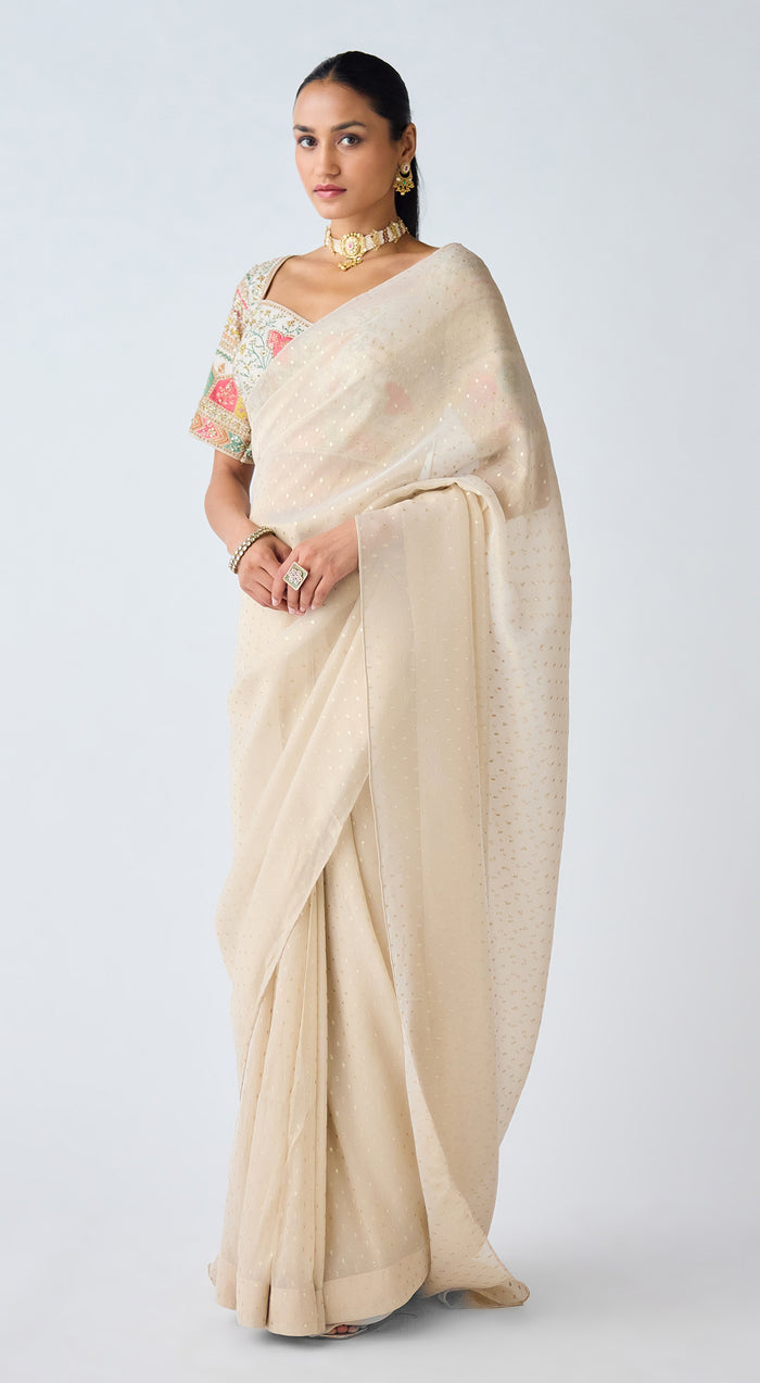 Ivory Sequins & Resham Work Organza Saree