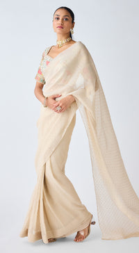 Ivory Sequins & Resham Work Organza Saree