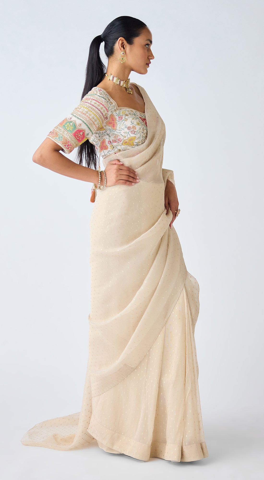 Ivory Sequins & Resham Work Organza Saree