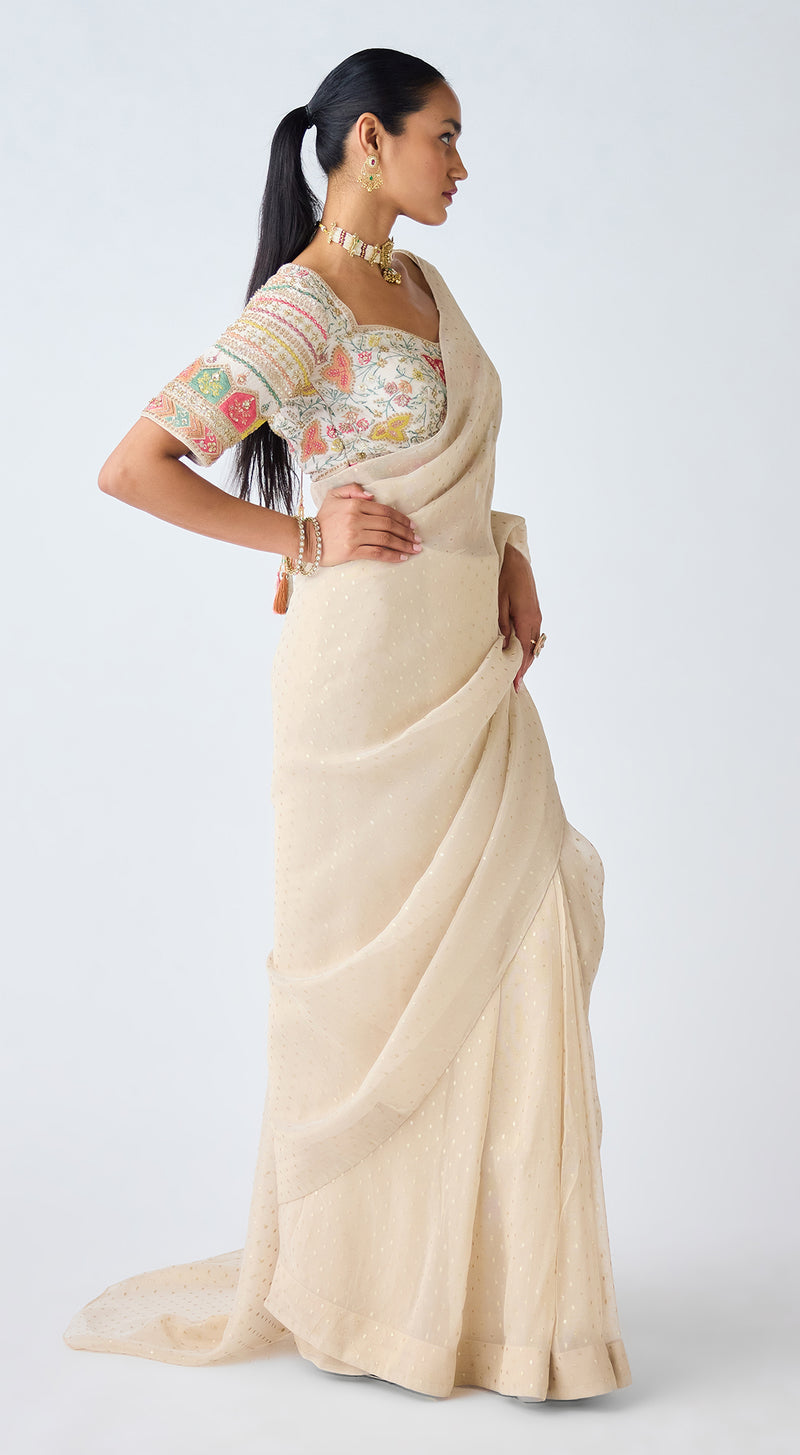 Ivory Sequins & Resham Work Organza Saree